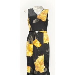 White house Black market Cotton Black Yellow Floral Belted Sheath Dress Sz 2